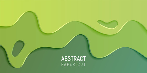 Green abstract paper cut slime background. Banner with slime abstract background with green paper cut waves. Vector illustration.