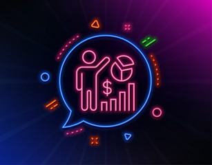 Seo statistics line icon. Neon laser lights. Search engine optimization sign. Analytics chart symbol. Glow laser speech bubble. Neon lights chat bubble. Banner badge with seo statistics icon. Vector