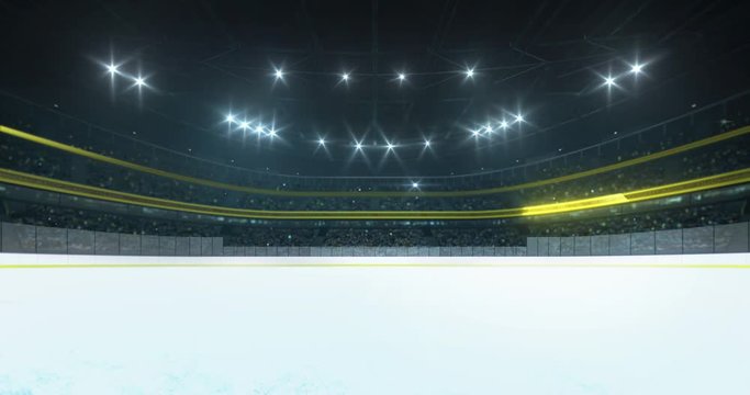 Lighting the ice hockey rink before the game in the yellow arena full of spectators, sport 4k loop animation