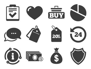 Checklist, like and pie chart signs. Discount offer tag, chat, info icon. Online shopping, e-commerce and business icons. Money bag, discount and protection symbols. Classic style signs set. Vector