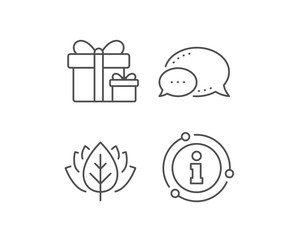 Gift boxes line icon. Chat bubble, info sign elements. Present or Sale sign. Birthday Shopping symbol. Package in Gift Wrap. Linear surprise package outline icon. Information bubble. Vector