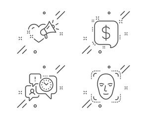 Time management, Payment message and Love message line icons set. Face detection sign. Office chat, Finance, Heart. Detect person. Business set. Line time management outline icon. Vector