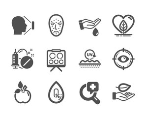 Set of Healthcare icons, such as Vision board, Leaf, Medical drugs, Eco food, Face biometrics, Local grown, Face id, No alcohol, Uv protection, Wash hands, Eye target, Medical analyzes. Vector