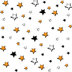 Seamless pattern hand drawn Doodle stars in vector. Starry sky in a simple children s style. Orange, black and white design. For textile, cloth, paper, packaging,