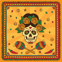 Mexican sugar skull of woman with maracas. Dia de los Muertos.