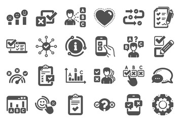 Survey, Report review icons. Opinion, Customer satisfaction feedback and Test icons. Checklist review, Quiz and Business report symbols. Evaluation quiz, Feedback chart, Management. Vector