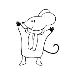 Cute cartoon mouse in vector. Chinese symbol 2020 new year. Illustration for design on the theme of Christmas and New year. Hand-drawn black and white line. Isolated object on white background.