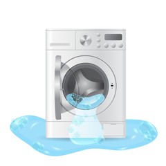 Vector realistic automatic broken washing-machine with front-loading clothes with open door and leaking water isolated on white background. 3D illustration.