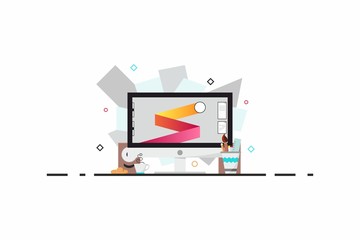 Flat design style modern vector illustration. A set of graphic design elements and tools, office various objects and equipment. Isolated on stylish color background