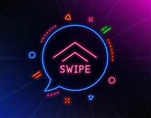 Swipe up line icon. Neon laser lights. Scrolling arrow sign. Landing page scroll symbol. Glow laser speech bubble. Neon lights chat bubble. Banner badge with swipe up icon. Vector