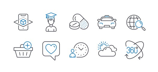Set of Business icons, such as Medical drugs, Student, Taxi, Augmented reality, Web search, Time management, Heart, Add purchase, Sunny weather, Full rotation line icons. Vector