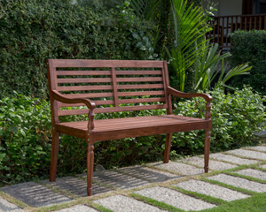 The wood bench in the garden.