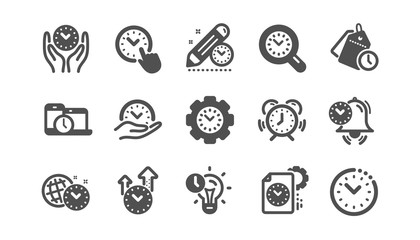 Time management icons. Alarm clock, timer plan and project deadline signs. Countdown clock and appointment reminder icons. Classic set. Quality set. Vector