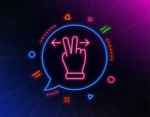 Touchscreen gesture line icon. Neon laser lights. Slide arrow sign. Swipe action symbol. Glow laser speech bubble. Neon lights chat bubble. Banner badge with touchscreen gesture icon. Vector