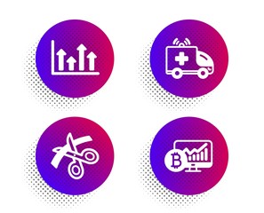 Upper arrows, Ambulance car and Scissors icons simple set. Halftone dots button. Bitcoin chart sign. Growth infochart, Emergency transport, Cutting ribbon. Cryptocurrency statistics. Vector