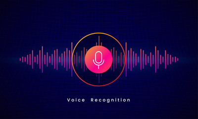 Voice Recognition AI personal assistant modern technology visual concept vector illustration design. Microphone button icon on digital sound wave audio spectrum line background