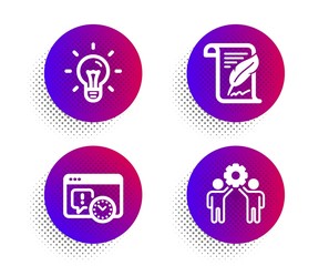 Idea, Feather and Project deadline icons simple set. Halftone dots button. Employees teamwork sign. Light bulb, Copyright page, Time management. Collaboration. Science set. Vector