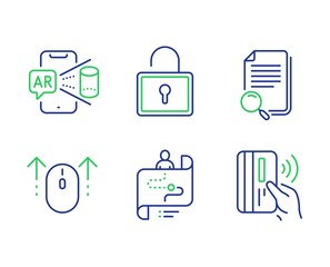 Search file, Journey path and Swipe up line icons set. Lock, Augmented reality and Contactless payment signs. Find document, Project process, Scrolling page. Private locker. Technology set. Vector