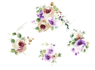 Flowers watercolor illustration.Manual composition.Big Set watercolor elements.