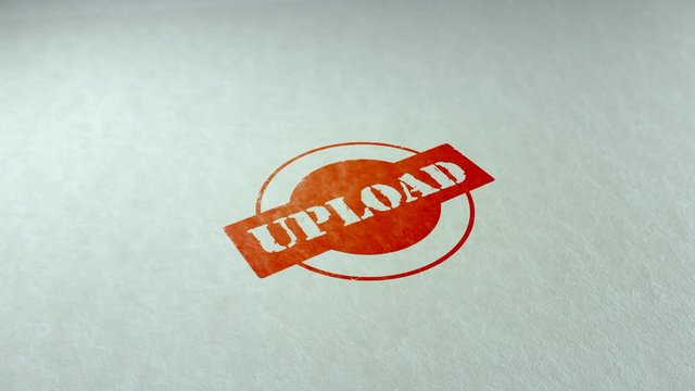 Upload word stamping text wooden retro stamp animation. red ink on clean white paper
