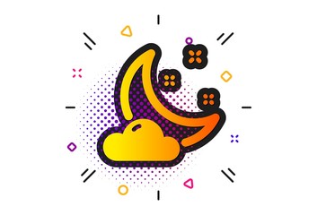 Moon with cloud sign. Halftone circles pattern. Night weather icon. Sleep symbol. Classic flat night weather icon. Vector