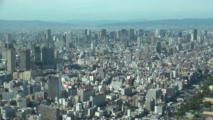 OSAKA, JAPAN - CIRCA SEPTEMBER 2019 : Aerial high angle view of CITYSCAPE of OSAKA in daytime. Osaka is the capital city of Osaka Prefecture and the second largest metropolitan area in Japan.