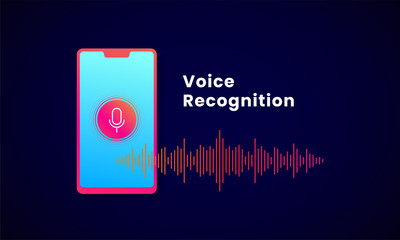 Voice Recognition AI personal assistant modern technology visual concept vector illustration design. Microphone button on smartphone with digital sound wave audio spectrum line background