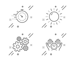 Sun energy, Cogwheel and Timer line icons set. Safe time sign. Solar power, Engineering tool, Deadline management. Management. Science set. Line sun energy outline icon. Vector