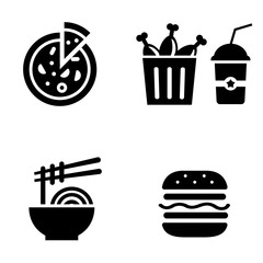 Flat icons of fast food. Vector illustrations of fried chicken, pizza, burger, noodles and drinks isolated on the white background. Meal for lunch or dinner.