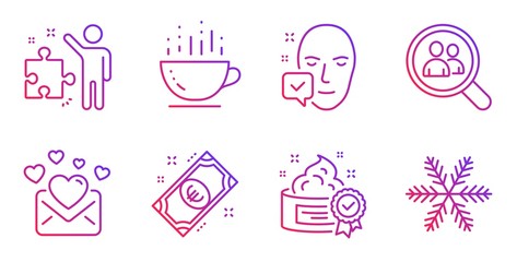Search employees, Coffee cup and Cream line icons set. Love mail, Face accepted and Euro money signs. Strategy, Snowflake symbols. Staff analysis, Hot drink. Business set. Vector