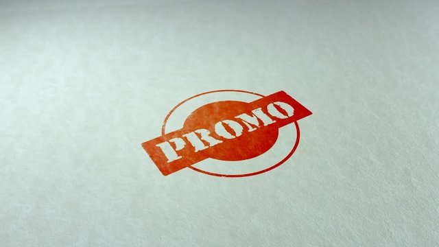 Promo word stamping text wooden retro stamp animation. red ink on clean white paper