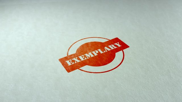 Exemplary word stamping text wooden retro stamp animation. red ink on clean white paper