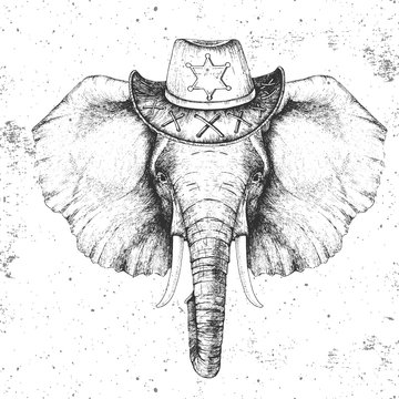 Retro Hipster animal elephant with sheriff's hat. Hand drawing Muzzle of animal elephant