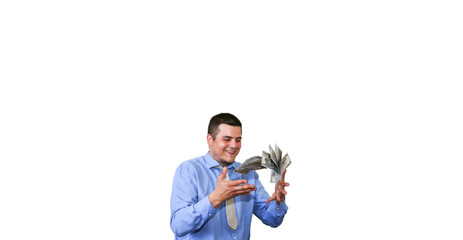 Man with his salary isolated on white background. Office worker throwing dollars. Happy face of top manager. Guy in smart shirt and tie.
