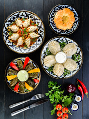 Set of dishes of Uzbek cuisine , Manty, plov, dolma and lagman