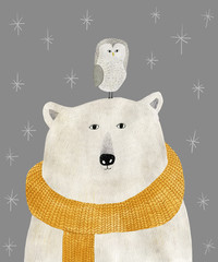 akwarela i ołówek rysunek niedźwiedzia polarnego z sową na głowie. Boże Narodzenie ilustracja - 292845795