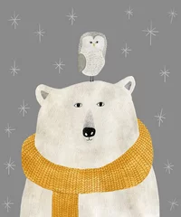 Fototapete Babyzimmer Aquarell- und Bleistiftzeichnung eines Eisbären mit einer Eule auf seinem Kopf. Weihnachtsillustration
