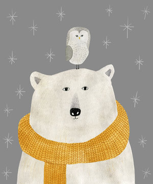 watercolor and pencil drawing of a polar bear with an owl on his head. Christmas illustration