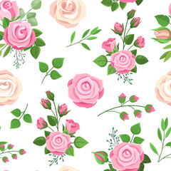 Roses seamless pattern. Red, white and pink roses with leaves. Wedding floral romantic decor for invitation cards. Vector texture bouquet floral rose pink, wedding romantic illustration