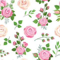 Behang Rozen Rozen naadloos patroon. Rode, witte en roze rozen met bladeren. Bruiloft bloemen romantisch decor voor uitnodigingskaarten. Vector textuur boeket bloemen roze roze, bruiloft romantische illustratie
