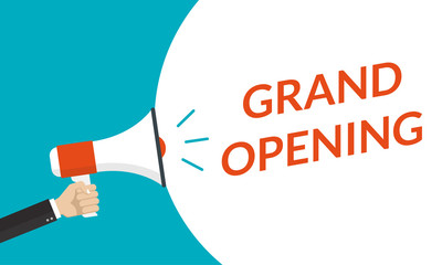 Grand opening banner with hand is holding a megaphone or loud speaker. Open store poster or flyer concept. Sale, invitation, promotion and advertising design template. Vector illustration.