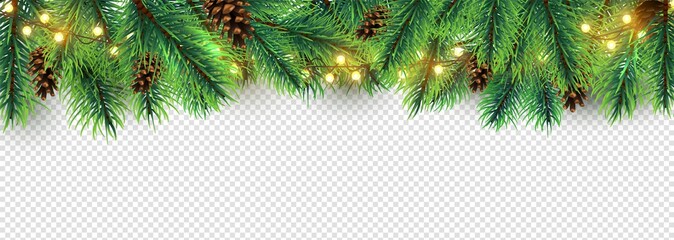Christmas border. Holiday garland isolated on transparent background. Vector Christmas tree branches, lights and cones. Festive banner design. Christmas branch coniferous garland border illustration - obrazy, fototapety, plakaty