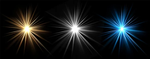 Fotobehang Light effects. Vector light stars. Glow bursts isolated on black background. Illustration flash light effect, blue and white © MicroOne