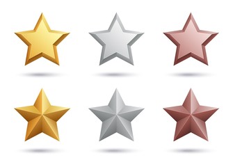 Realistic stars. Gold silver bronze stars isolated on white background. 3D vector metal elements. Illustration silver and gold star, bronze award