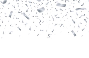 Silver confetti. Celebrate birthday flying silver ribbons. Party holiday decor isolated vector background. Sparkle silver tinsel, bright serpentine surprise confetti illustration
