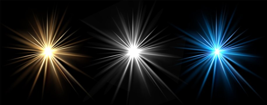 Light effects. Vector light stars. Glow bursts isolated on black background. Illustration flash light effect, blue and white