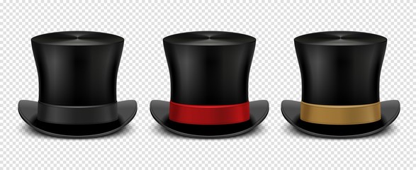 Realistic top hat. Magic hat vector. Vintage black gentleman headwears isolated on transparent background. Illustration top hat, cylinder magic for entertainment