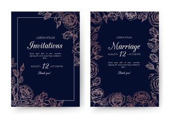 Wedding invitation. Floral wedding cards with rose frame in victorian engraving style. Vintage vector flyers. Wedding invitation poster in black colored, border floral frame illustration