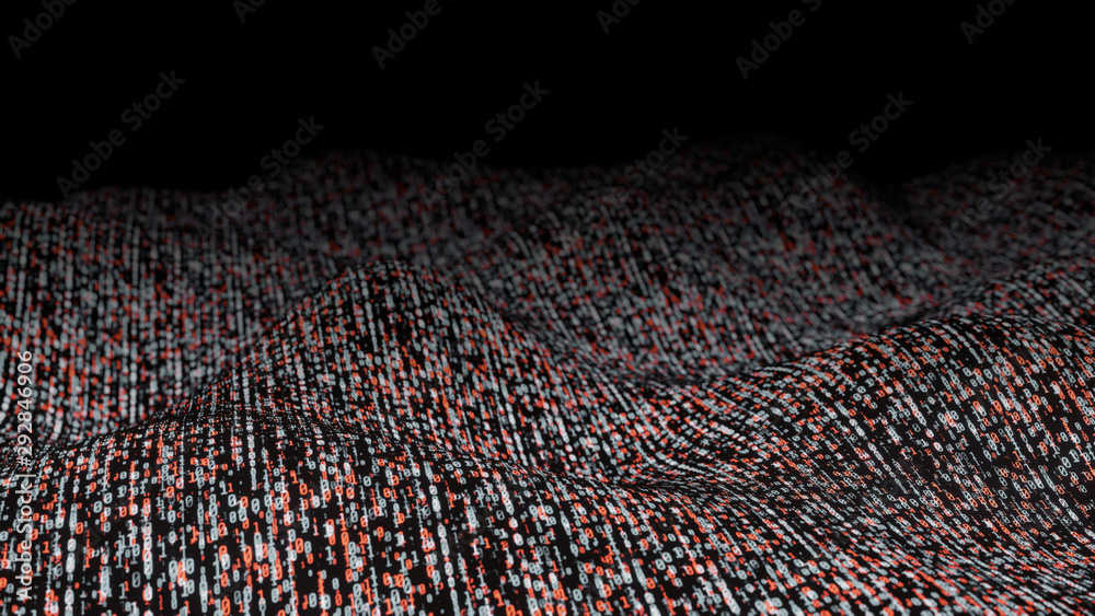 Poster 3D Rendering of binary data on wavy texture surface. Stream of digital information. Concept of big data, deep machine learning, artificial intelligence, quantum processing, virtual reality, 