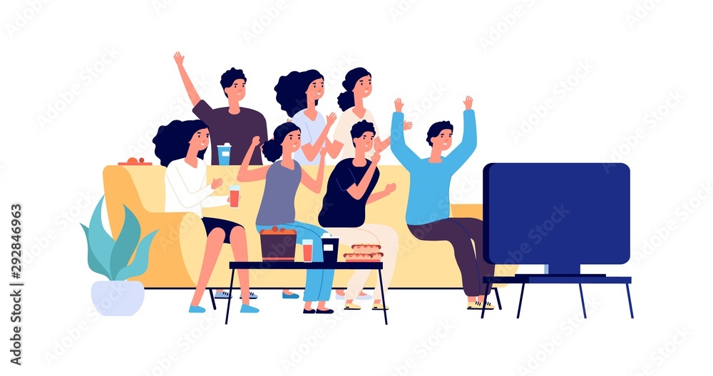 Wall mural friends watching tv. students party. young people, teenagers with fast food and drinks. vector fans 